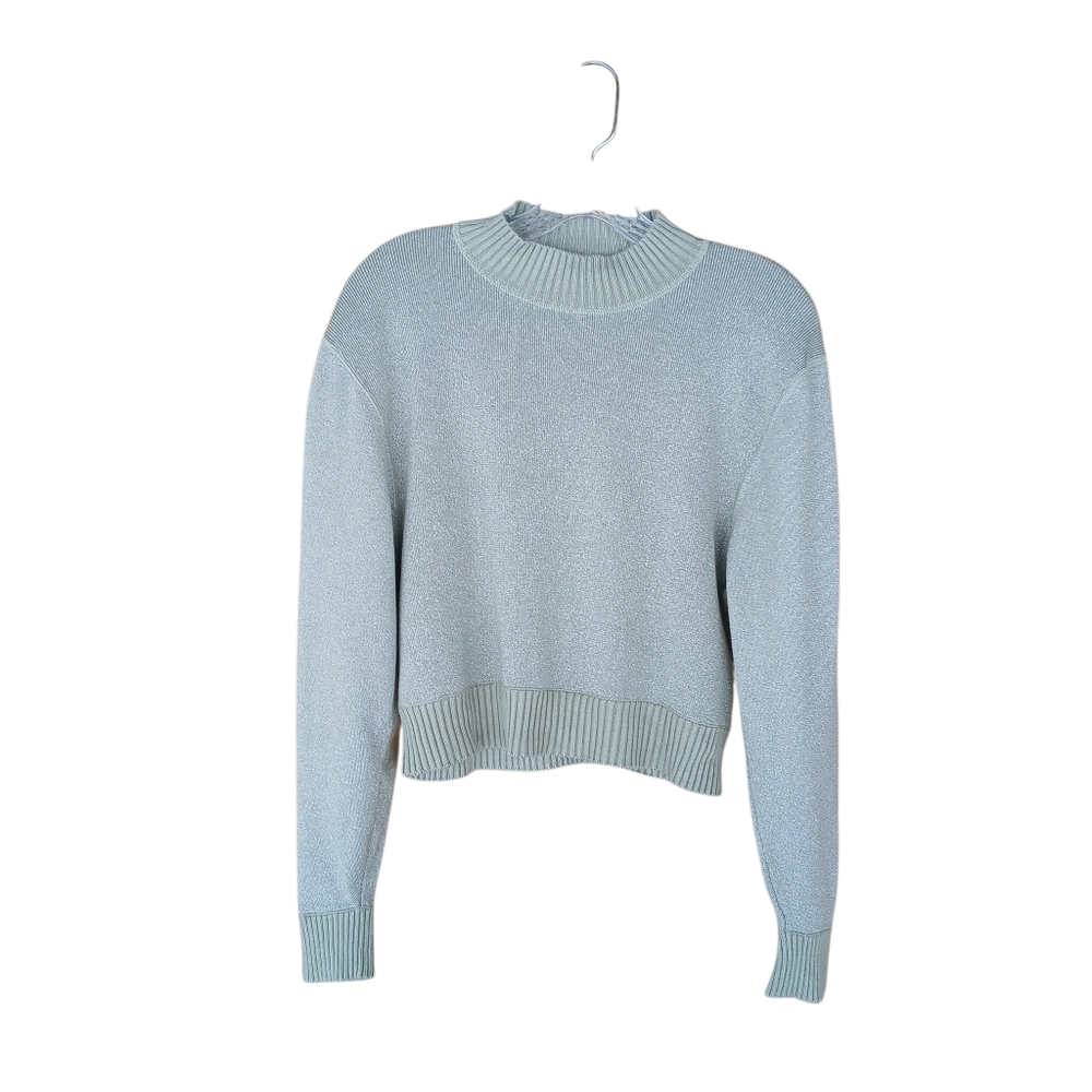 Free People Metallic Sage Green Mock Neck Cropped Sweater Small